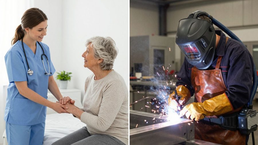 Pflegekraft bei der Betreuung und Schweißer bei der Arbeit – Beispiele für arbeitsmedizinische Vorsorge